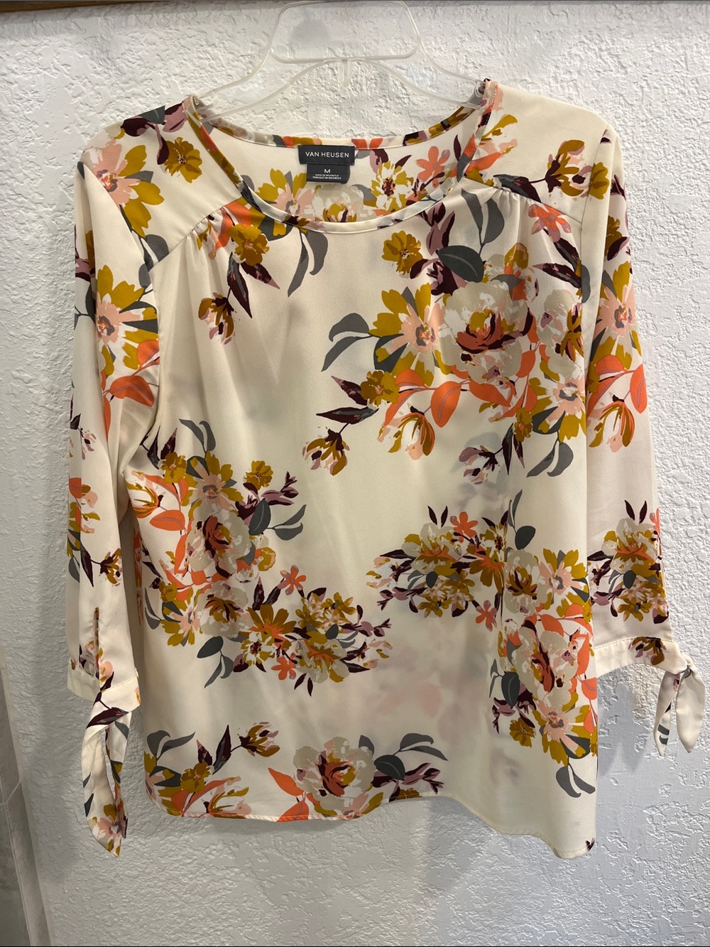 Van Heusen Cream Floral Tie-Sleeve Blouse with Mustard & Coral Accents